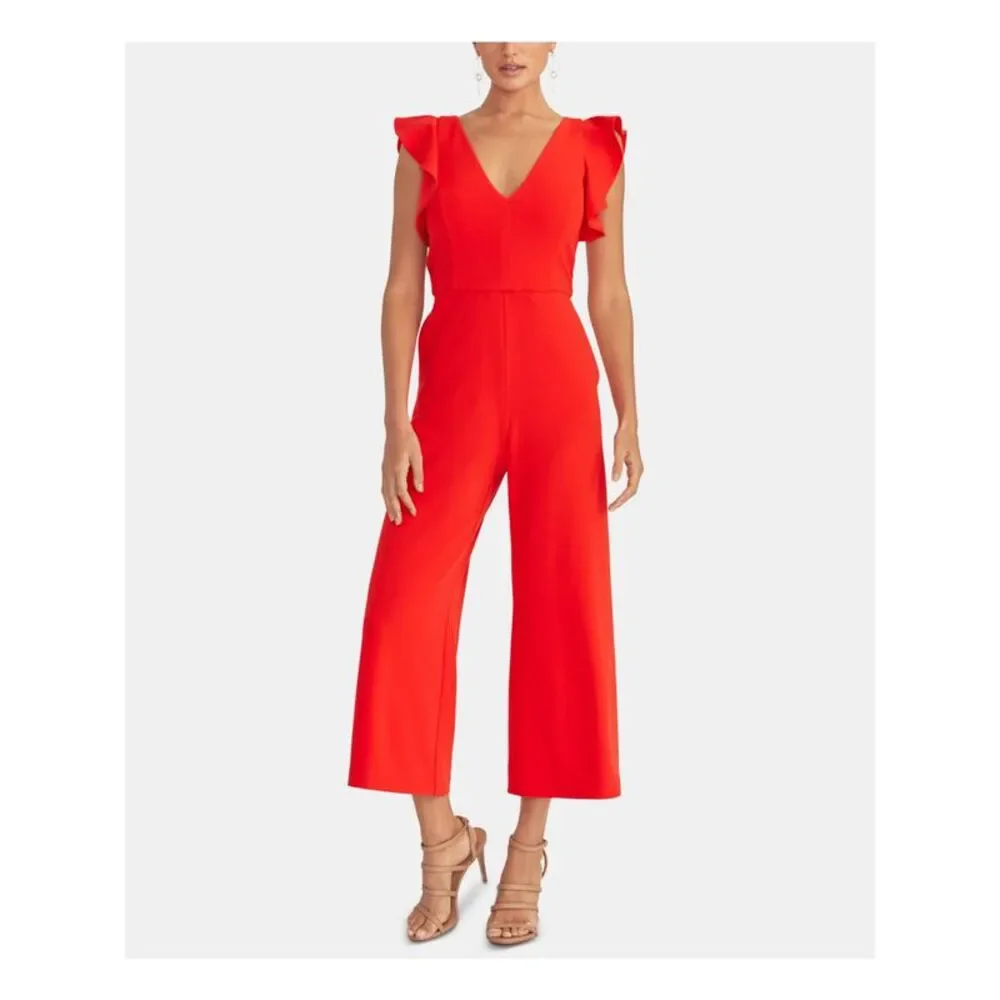 RACHEL RACHEL ROY Womens Red Ruffled Cap Sleeve V Neck Party Cropped Jumpsuit M